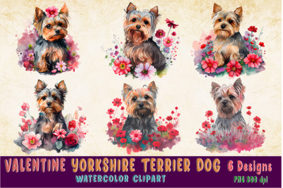 Valentine Yorkshire Terrier in a Field of Flower watercolor clipart Bu