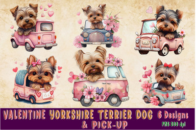 Yorkshire Terrier Dog &amp; Pick-up for Valentine Watercolor PNG Bundle