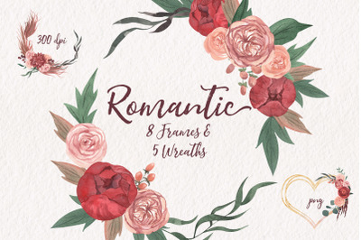 Romantic Peony Frames and Wreaths Watercolor