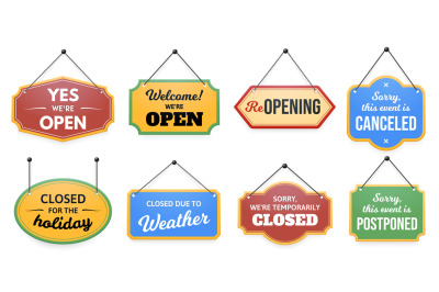 Hanging door sign. Sorry, event is canceled or postponed label, closed