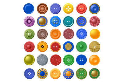 Color buttons for clothes. Realistic plastic fastener, sewing button a