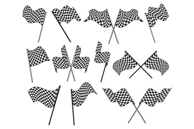 Waving finish flag. Pair of chequered flags, success symbol and racing