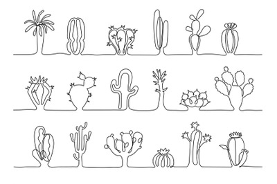 One continuous line cactus stripes. Hand drawn botanical plants, diffe