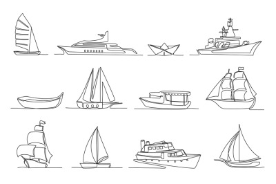 One continuous line boats. Sailboat, military warship, paper boat, sea