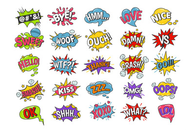 Cartoon speech bubbles. Comic book funny sound effects&2C; xoxo kiss&2C; swe