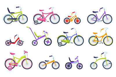 Cartoon kids bicycles. Children bikes for boys and girls, bicycle with