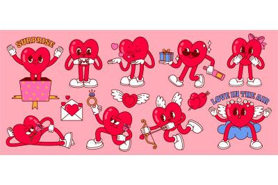 Cartoon heart mascot. Romantic valentine, love character with gift and