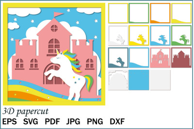 Unicorn. Multilayer 3D postcard SVG, shadow box