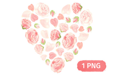 Floral Heart. Pink Rose Flowers, Watercolor Clipart PNG