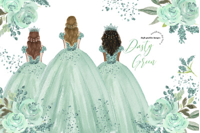 Elegant Dusty Green Princess Dress Clipart, Dusty Green Flowers