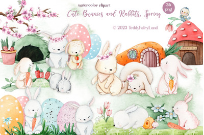 Cute Easter Watercolor Clipart Bunny&2C; Flowers&2C; Spring Animal