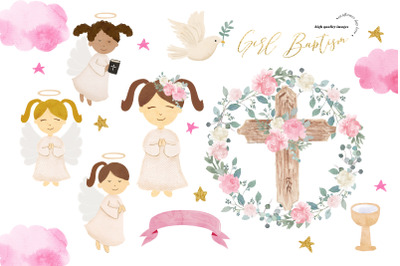 Girl Pink Flowers Cross Baptism Clipart, Little Angels