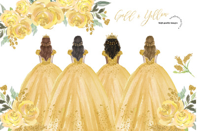Gold &amp; Yellow Princess Dresses Quinceanera Clipart