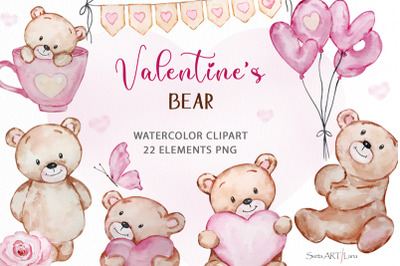 Watercolor bear Valentines Day clipart