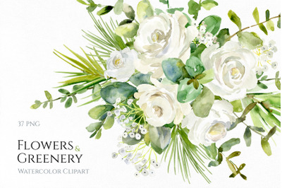 Watercolor White Flowers &amp; Greenery Png