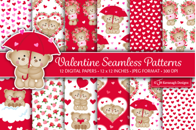 Valentine Bear Digital Paper, Valentine Heart Patterns