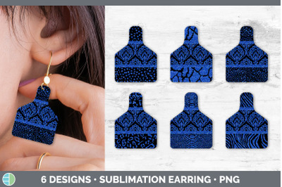 Blue Damask Cow Tag Earring | Sublimation Cattle Ear Tag