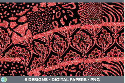 Red Damask Backgrounds | Glitter Animal Print Digital Scrapbook Papers