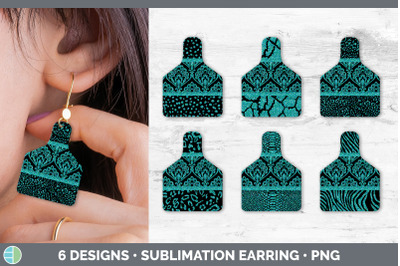 Teal Damask Cow Tag Earring | Sublimation Cattle Ear Tag