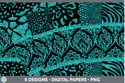 Teal Damask Backgrounds | Glitter Animal Print Digital Scrapbook Paper