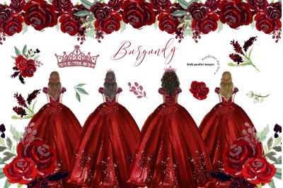 Burgundy &amp; Gold Princess Dress Clipart, Burgundy Flowers Clipart