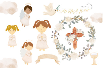 White Flowers Easter Cross Baptism Clipart, Greenery Floral Cross