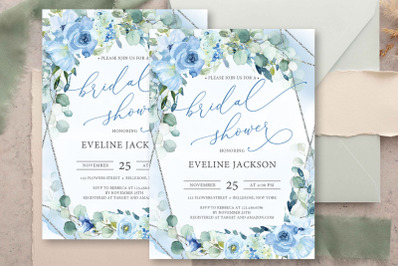 Boho Dusty blue floral and silver frame bridal shower invitation BLOY