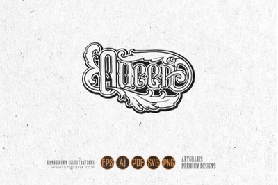 Classic queen hand lettering word flourish monochrome