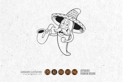 Monochrome mexican cinco de mayo chilli pepper playing trumpet logo il