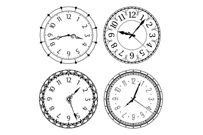 Antique clocks with arabic numerals. Classic and vintage round designs