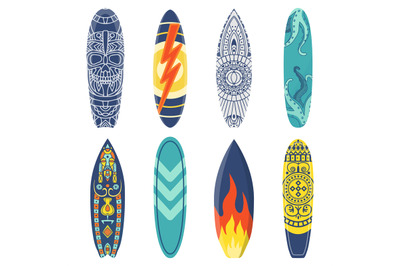 Cartoon surfing board with ethnic pattern. Equipment for summer activi