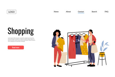 Clothing shop landing page. Female client coming to store, choosing ou