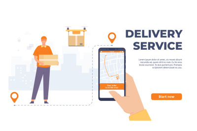 Delivery service application. Man courier in uniform holding box, dron