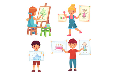 Drawing children, kid illustrator. Chill boys and girls painting and h