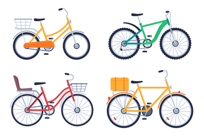 Flat bikes, bicycle for delivery product. Different vehicles with bask