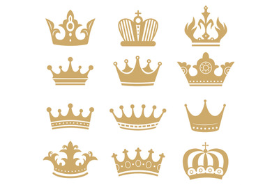 Gold crown silhouette. Royal king and queen elements isolated on white