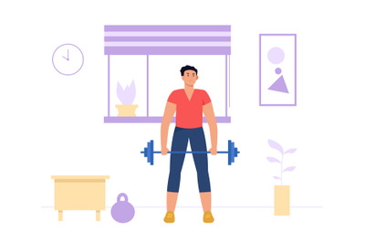 Home exercises. Male character exercising with barbell in living room.