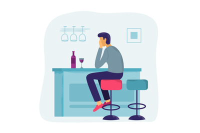 Loneliness feelings. Male character sitting at table in kitchen with b