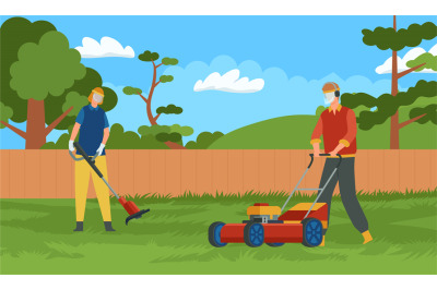 Professional lawn mowing and care maintenance. Handymen with protectio