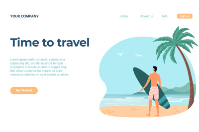 Travel concept. Male character standing on beach and holding surfboard