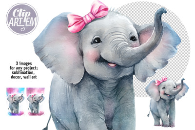 Smiling Baby Girl Elephant Realistic Images Watercolor PNGs