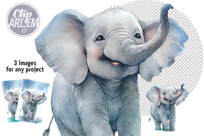 Smiling Boy Elephant Realistic Images Watercolor Clip Art PNGs