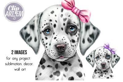 Dalmatian Girl Puppy with Pink / Purple Bow Watercolor 2 PNG Clip Art