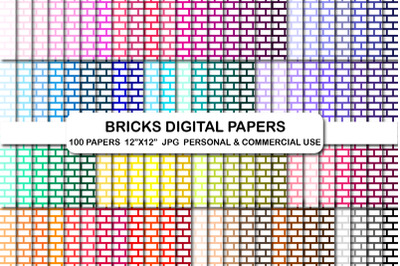 Brick Wall Digital Backgrounds Rainbow Bricks Pattern Papers