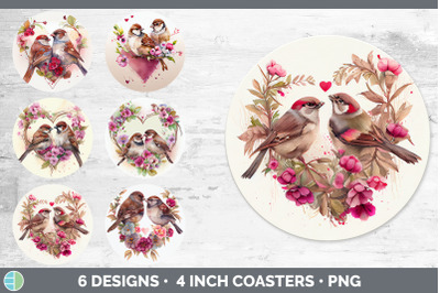 Valentines Sparrow Round Coaster | Sublimation Designs Bundle