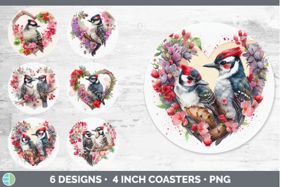 Valentines Downy Woodpecker Round Coaster | Sublimation Designs Bundle