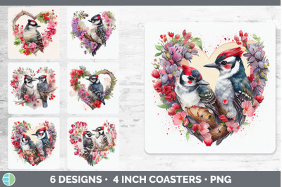 Valentines Downy Woodpecker Square Coaster | Sublimation Designs Bundl