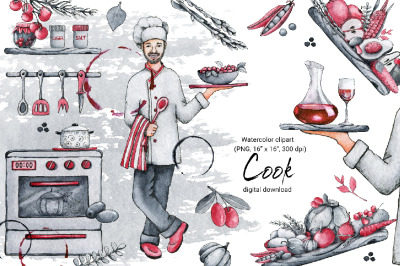 Chef Man Watercolor Clipart, Kitchen, vegetarian food