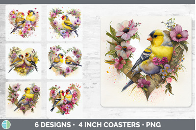 Valentines Goldfinch Square Coaster | Sublimation Designs Bundle