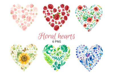 Floral Hearts, Watercolor PNG Flowers